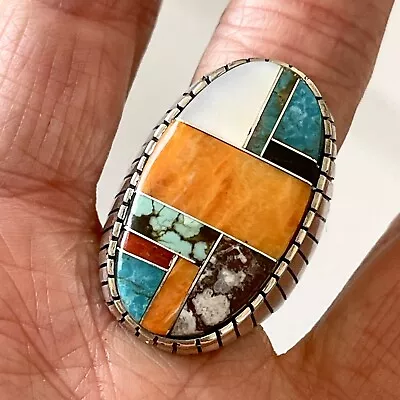 Turquoise Multi Stone Inlay Mens Ring Sz 12 Navajo Sterling Signed Ray Jack Big • $215.94