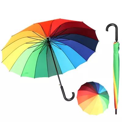 Large Colourful Rainbow Golf Umbrella Bridal Party Rain Wooden Handle Umbrella • £8.49