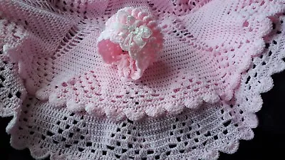 £25 • Buy Hand Knitted Crochet Baby Blanket / Shawl/pram / Crib And Hat   New