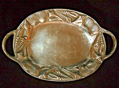 Metal SEASHELL Tray ~ Polished Cast Aluminum P 12  Oval W. Handles ~ Used • $24.95