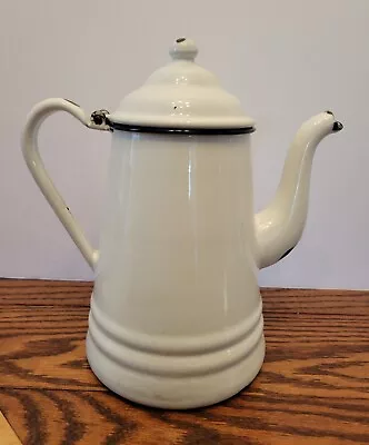 Vintage White Enamelware Blue Rim Coffee Pot With Gooseneck Spout Tea Kettle  • $29.95