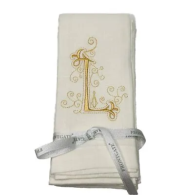 X6 FRONT GATE Monogram “L” Ivory 100% Linen Guest Towel Napkins Embroidered Gold • $37