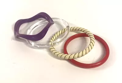 Vintage Lot Of 4 Plastic Bangle Bracelets Wavy Purple Red Ivory & Clear 1980s • $7.99