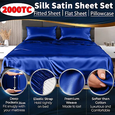 Silk Satin 2000TC 4Pcs Sheet Set Flat Fitted Sheet Pillowcase Double Queen King • $2.99