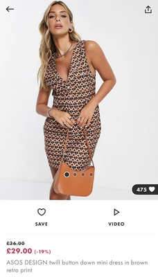 £17.50 • Buy ASOS Design Brown Retro Print V-Neck Pinafore Mini Dress, Size UK10. RRP £29.00