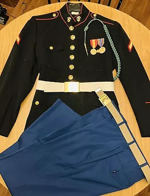 MARINE CORPS Dress Blue Uniform Set Size 40R Pants 31R Medals Buckle Belt • $135