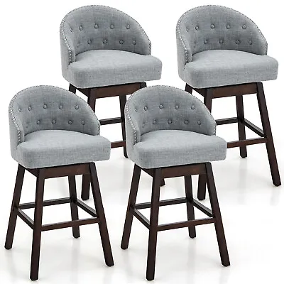 Set Of 4 Tufted Bar Height Pub Chairs Swivel Bar Stools W/ Rubber Wood Legs Grey • $389.49
