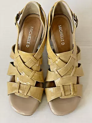 Michelle D Gold / Tan Sandals Strappy High Heels Open Toe Buckle Womens Size 7M • $18.95