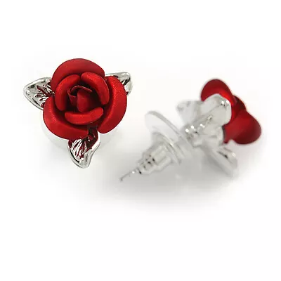 Small Romantic Red Rose Stud Earrings In Silver Tone - 13mm D • £9.99