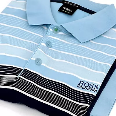 Hugo Boss Blue Black Stripe Green Label Short Sleeve Polo Shirt Size L Large • £14