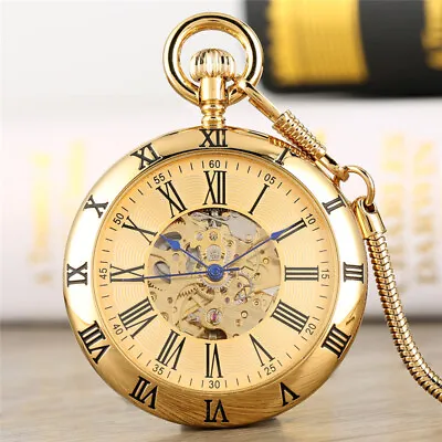 Luxury Gold Roman Numerals Mens Mechanical Pocket Watch Wind Up With Snake Chain • £31.18