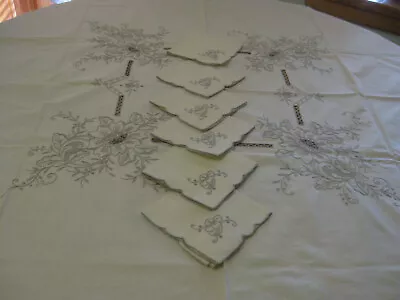 Vintage  51  Square Tablecloth 6 Napkins Embroidered Cut -Work • $16