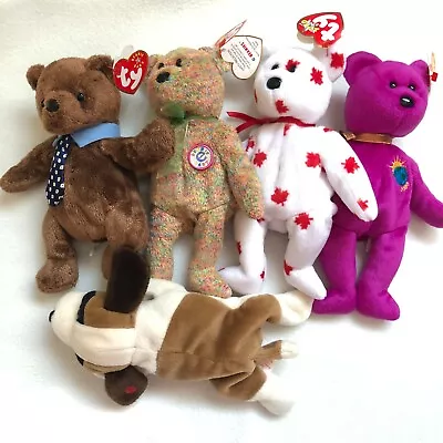 5 TY BEANIE BEARS Babies Hero Speckles Chinook Puppy Millenium + TAGS VGC R410 • £14.97