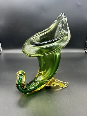 Seguso Murano Hand Blown Green Yellow Art Glass Cornucopia Vase • $75