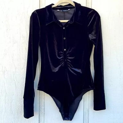 $23 • Buy Zara Velvet Bodysuit Blouse Button Front Long Sleeve Size Medium