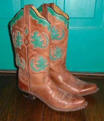 OLD WEST Cowboy Boots JOSEPH Apache Brown Teal Inlay Western LF1523 Mens 8.5 • $49.99