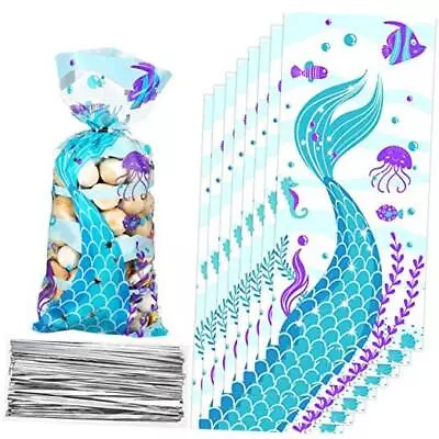 100 Pieces Mermaid Party Favors Bags Birthday Party Treat Bags Cellophane  • $14.84