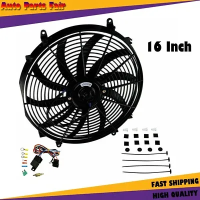 $44.99 • Buy 16  Universal Slim Fan Push Pull Electric Radiator Cooling 12V+Mount Kit+Relay