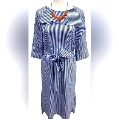 H&M- Cottage Chic Preppy Blue White Striped Belted Ruffle Dress- Size 2 • $9.99