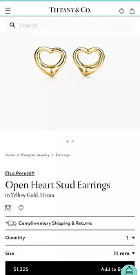 Tiffany & Co. Elsa Peretti Open Heart Stud Earrings - Yellow Gold 18k 11mm • $749