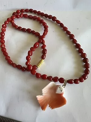 VTG Natural Red Coral With CROWN RAVEN Pendant Antique Mediterranean Necklace • $75