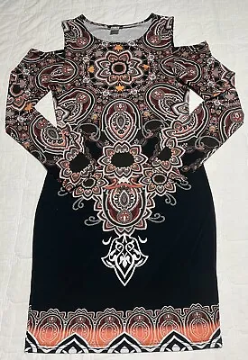 Venus Long Sleeve Cold Shoulder Knee Length Dress Size Medium Black Multicolor • $19.99