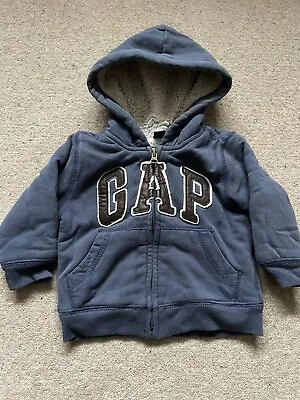 Gap Baby Boy 12-18 Months Blue Logo Full Zip Hoodie With Fleece Lining • £5