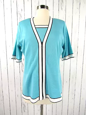 Misook NEW 2pc Aqua Turquoise Zip Jacket Cardigan Sweater Shell M Short Sleeve • $75.65
