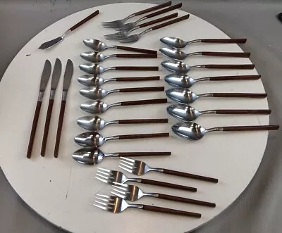 Vintage 28-Piece Silverware Flatware Faux Wood Handle MCM Japan Rare • $83.25