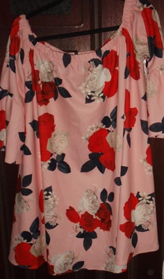 $5 • Buy Asos Pink Floral Off Shoulder Bell Sleeve Polyester Short Dress Plus Size 18 Uk