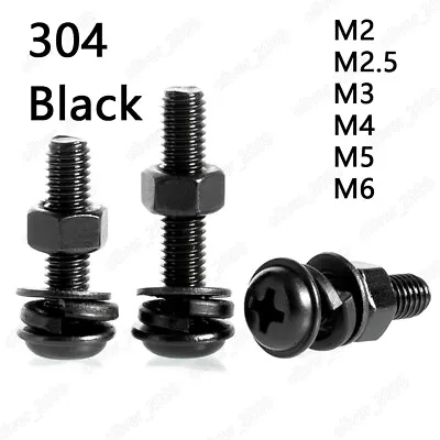 Black 304SS Phillips Pan Head Screws With Collar Hex Nuts Flat Spring Washers M2 • £55.03
