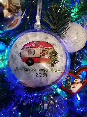 Personalised Christmas Bauble Gift Cross Stitched Campervan Caravan Camping.  • £9.50