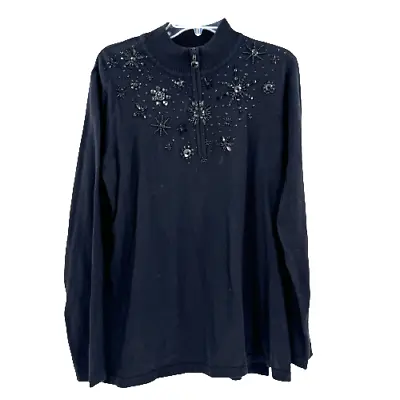 Quacker Factory Sparkle Snowflakes Stars 1/4 Zip Sweater Womens Large Black • $22.98