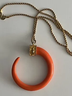 Kenneth Lane Orange Horn On Gold Tone Chain Pendant Necklace Vintage RARE • $74.99