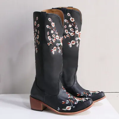 Womens Retro Embroidery Floral Cowboy Mid Calf Boots Club Pointy Toe Heels Shoes • $44.71