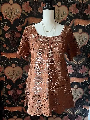 Vintage Boho Crochet Mini Dress Tunic Cover Up Brown Short Sleeve Size Small • $35