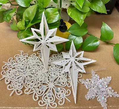 Vintage Glittery White Snowflakes & Stars Holiday Ornaments Lot Of 8 • $11