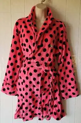 PINK Victoria's Secret Pink Black Polka Dot Wrap Plush Bath Robe Tie Closure Lon • $36.75