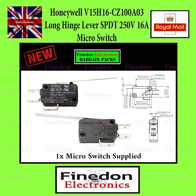 V15H16-CZ100A03-K Micro Switch Honeywell 250V 16A SPDT Long Hinge Lever • £4.34