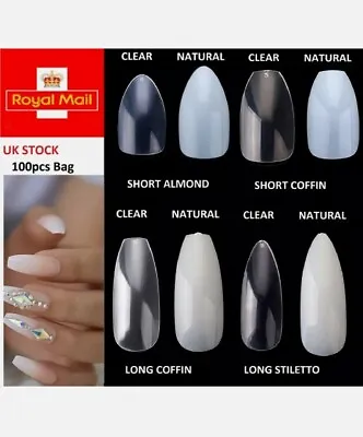 £3.29 • Buy Full Cover False Nail Tips - Natural Clear Stiletto Almond Display Coffin Uk