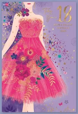 18th Female Birthday Greeting Card 7 X5  Girl In Dress Gold Foil Detail • £1.89