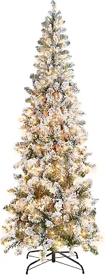 Pencil Christmas Tree 7.5Ft Pre-Lit Artificial Snow Flocked Slim Skinny Christma • $187.24