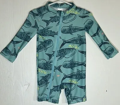 Carter's Baby Boy 9M One Piece Swim Suit Blue W/ Sharks Yellow Fish Front Zipper • $9.25