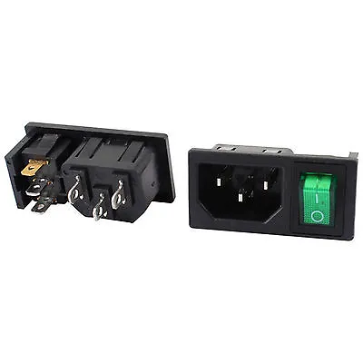 2 Pcs Green Lamp Panel Mount Rocker Switch IEC320 C14 Power Socket AC 10A 250V • £3.19