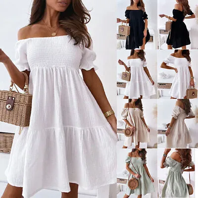 £13.99 • Buy Womens Summer Ruffle Dress Ladies Off Shoulder Frill Mini Sundress Plus Size 16