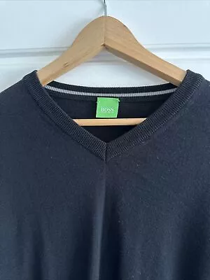 Hugo Boss Jumper V-Neck Black Extra Fine Wool Long Sleeve Logo Men's Large • £10