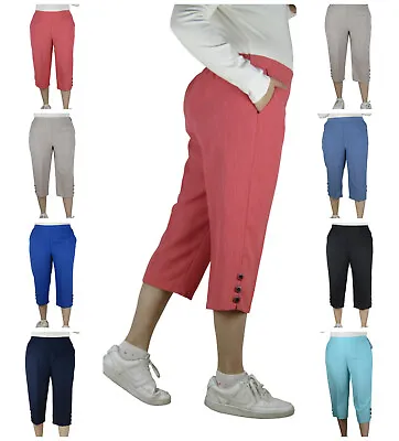 Ladies Capri Pocket Trousers Women Cropped 3/4 Elastic Back Girls Summer Pants • £16.97