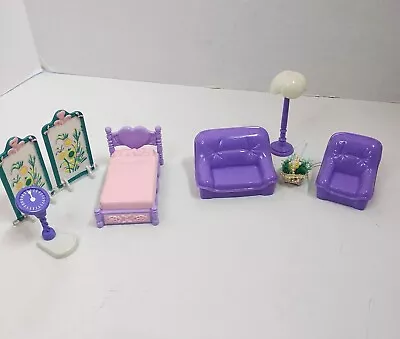 VTG Miniature Plastic Doll House Furniture Bed Chairs Lamp Screen Pink Scale Lot • $12.99