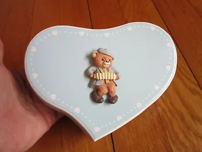 Vintage MELE Jewelry Box Wood Trinket Children's Blue Heart Teddy Bear Accordion • $24.95