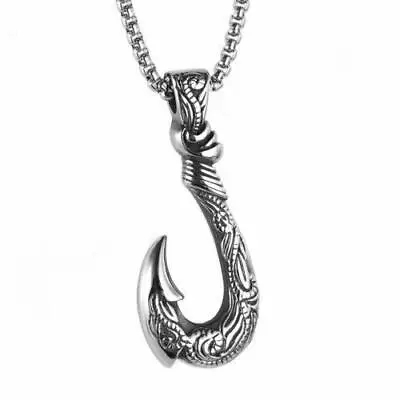 MOYON Mens Hawaiian Fishing Fish Hook Pendant Necklace Stainless Steel Jewelry • $9.99